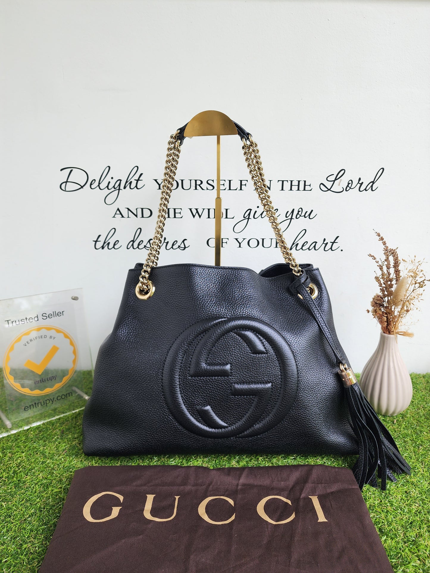 Gucci Soho Medium Black Double Leather Chain Shoulder Bag Tote Black Gold New