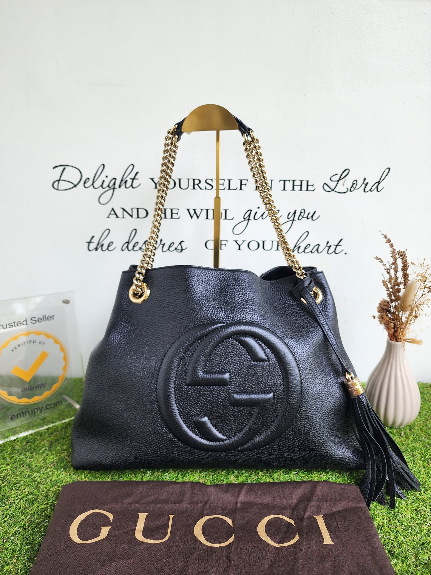 Gucci Soho Medium Black Double Leather Chain Shoulder Bag Tote Black Gold New