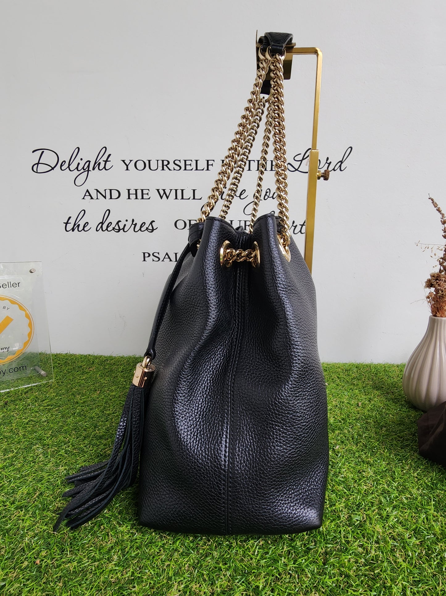 Gucci Soho Medium Black Double Leather Chain Shoulder Bag Tote Black Gold New