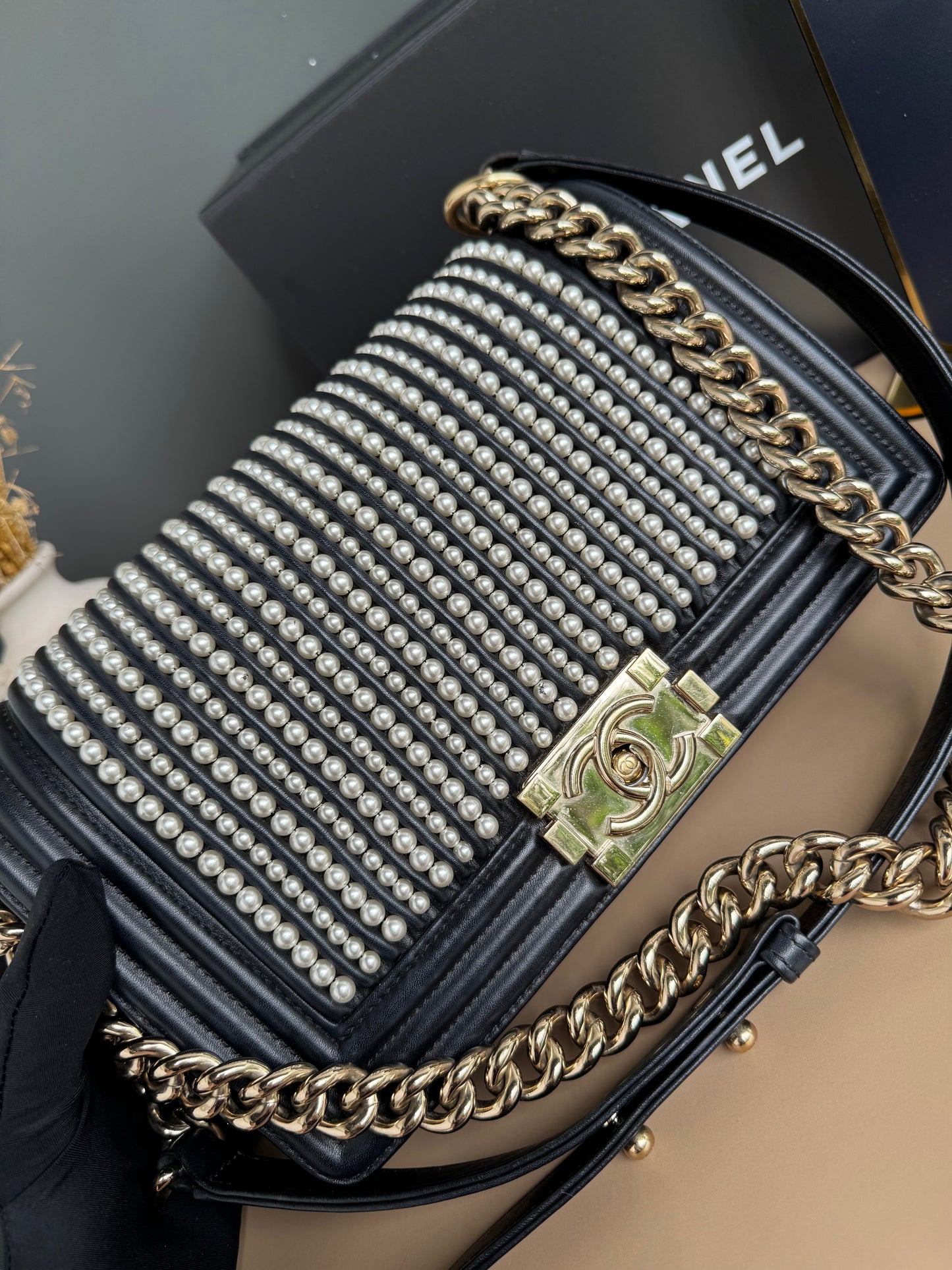 CHANEL LE BOY PEARL OLD MEDIUM LAMBSKIN
