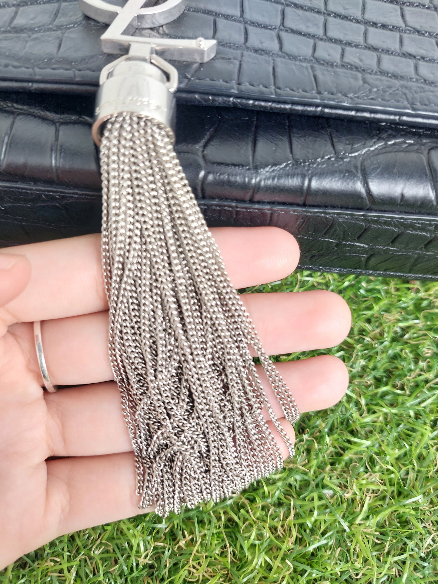 YSL Kate Medium Chain Bag with tassle in crocodile embossed