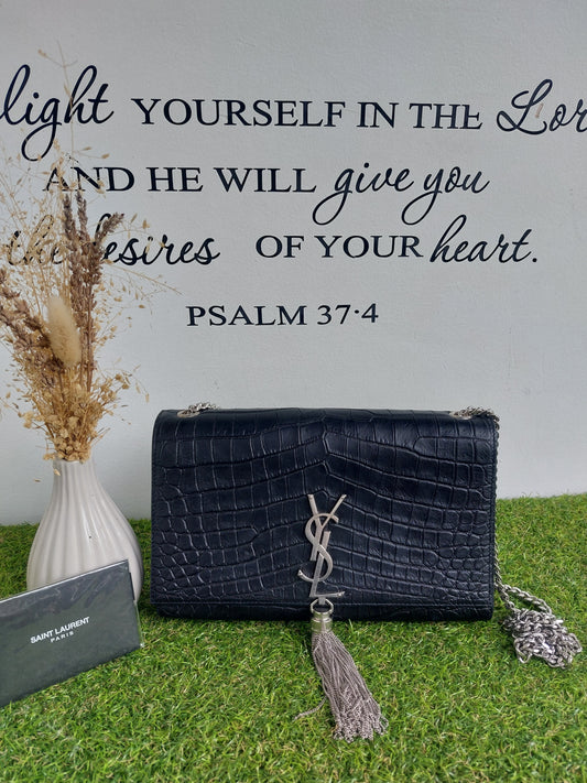 YSL Kate Medium Chain Bag with tassle in crocodile embossed