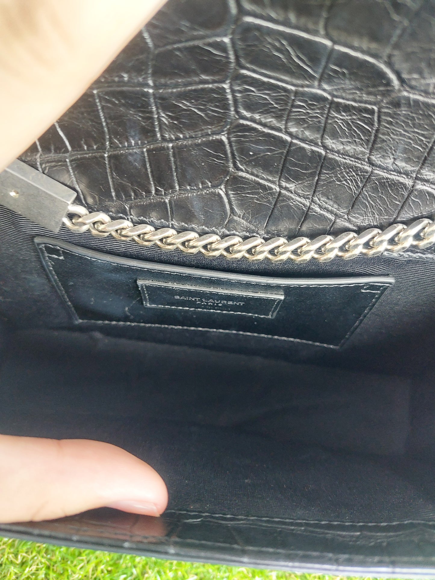 YSL Kate Medium Chain Bag with tassle in crocodile embossed